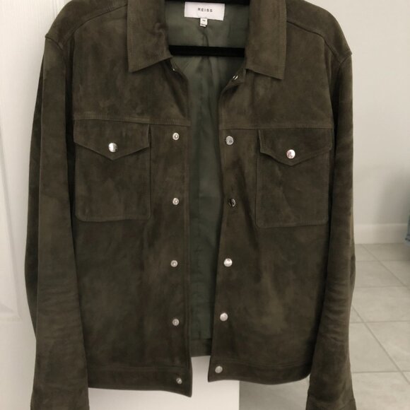 Reiss Jagger Suede Trucker Jacket - Olive Green - Picture 3 of 9
